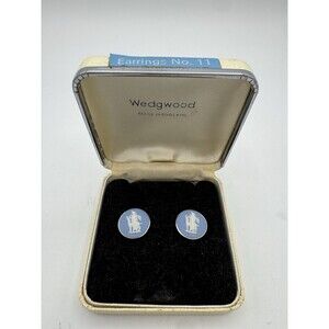 Vintage Wedgwood Blue Jasper Sterling Post Cameo Earrings England Original Box